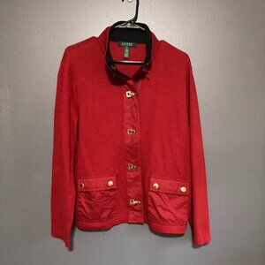 Lauren Ralph Lauren Women XL Red 100% Cotton Jacket Button Up Collar Long Sleeve